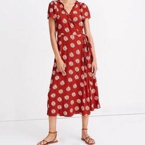 Madewell Daisy Daydream Red Ruffle-Edge Midi Wrap Dress